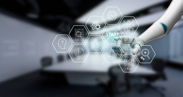 istock robot hand selecting a hexagon tile on an interface with the word START - 3d illustration 1299491294