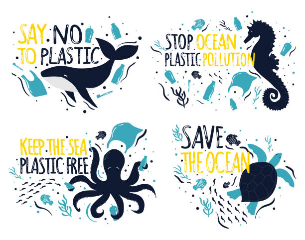 Save the Ocean. Ecology stickers collection, lettering. Say No to plastic, Stop Ocean Pollution, Plastic Free sea. Sea animals - Whale, Octopus, Sea horse. Plastic waste ocean, no to single use plastic water animal octopus sea stock illustrations