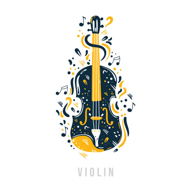 ilustraciones, imágenes clip art, dibujos animados e iconos de stock de violín dibujado a mano con notas, cintas y puntos a su alrededor. - violinist