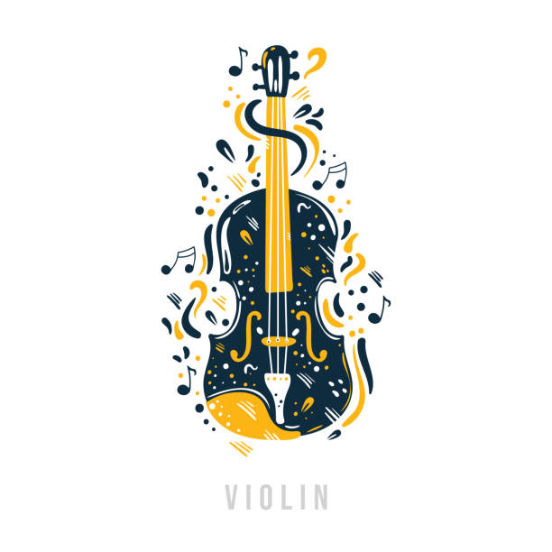 ilustraciones, imágenes clip art, dibujos animados e iconos de stock de violín dibujado a mano con notas, cintas y puntos a su alrededor. - violinist violin classical music classical concert