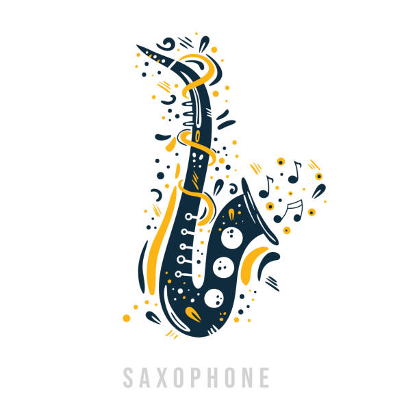 illustrazioni stock, clip art, cartoni animati e icone di tendenza di sassofono disegnato a mano con note, nastri e punti intorno ad esso. - funk jazz