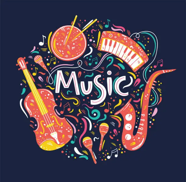 Vector illustration of Hand drawn circle illustration with musical instruments and music symbols.