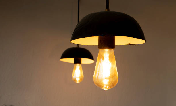 istock Loft-style incandescent light bulbs against a white rough wall. 1299494576