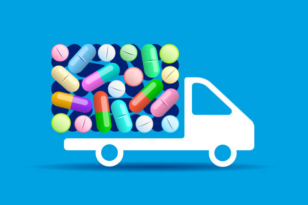 White truck icon and various capsules, tablets and pills - ilustração de arte vetorial