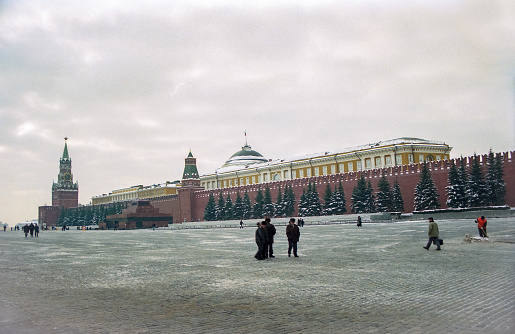 Moscow, Russia - February 10, 1999: Beautiful view of Red square and the Kremlin in Moscow in winter. Retro capture on film.