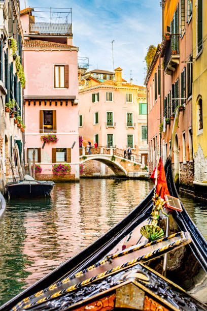 Gondola ride view from the inside of the Gondola. Venice, Italy. stock photo