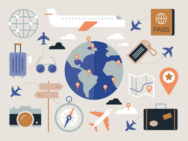 ilustrações de stock, clip art, desenhos animados e ícones de illustration collection of travel and vacation concepts - suitcase travel luggage label