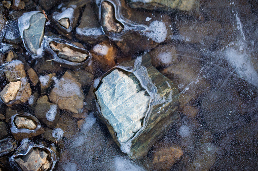 Rocks poke through semi-melted ice on a frozen lake