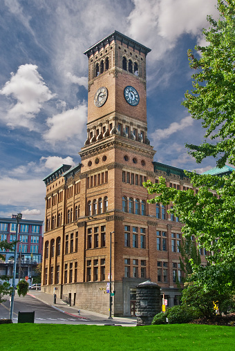 The Old City Hall, built in 1893, is a five-story building in the Italianate architecture style that served as the city hall for Tacoma in the early 20th century. The building features a ten-story clocktower on the southeast corner. It was added to the National Register of Historic Places on May 17, 1974. Old City Hall is in Tacoma, Washington State, USA.