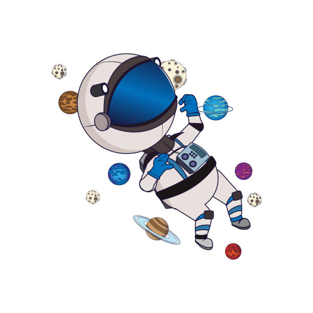 Isolated cartoon of an astronaut Isolated cartoon of an astronaut with planets - Vector astronaut clipart stock illustrations