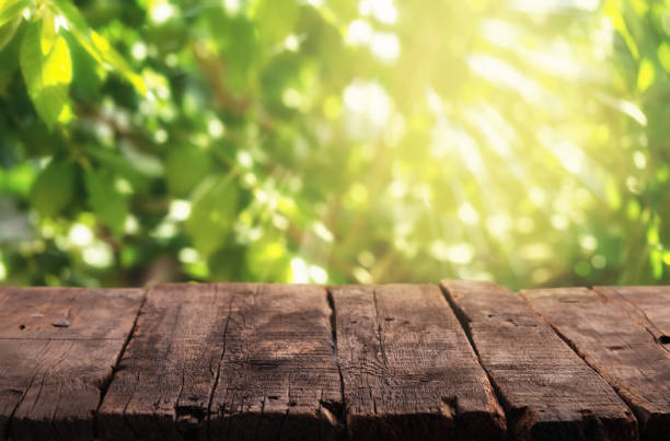 istock Empty rustic wooden table with defocused lush foliage at background. Backdrop for product display on top of the table. 1299510174