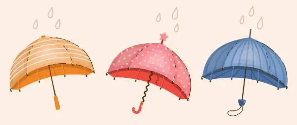 Vector illustration of Variations Colorful stylish umbrellas in flat cartoon style. Isolated vector illustration