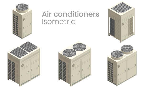 Isometric vector Air conditioners VRF units Isometric vector flat design of air conditioners condensing unit as various type of VRF module for outside building installation refrigeration business air conditioner factory stock illustrations