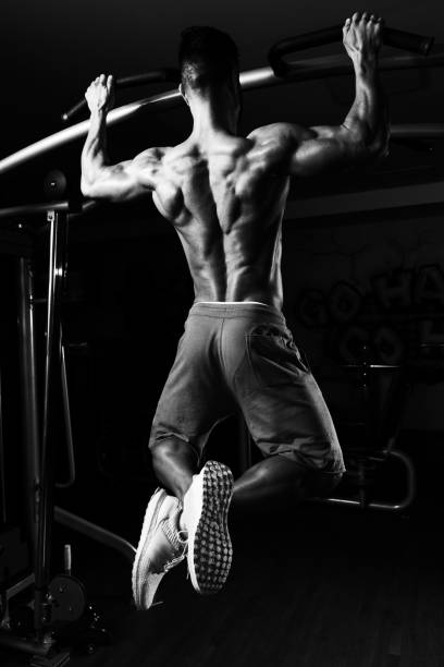 fisiculturista fazendo pull ups melhores exercícios de volta - human muscle body building exercising black and white - fotografias e filmes do acervo