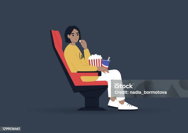 Young Female Character Eating Snacks And Watching A Movie At The Cinema Entertainment Concept Stock Illustration - Download Image Now