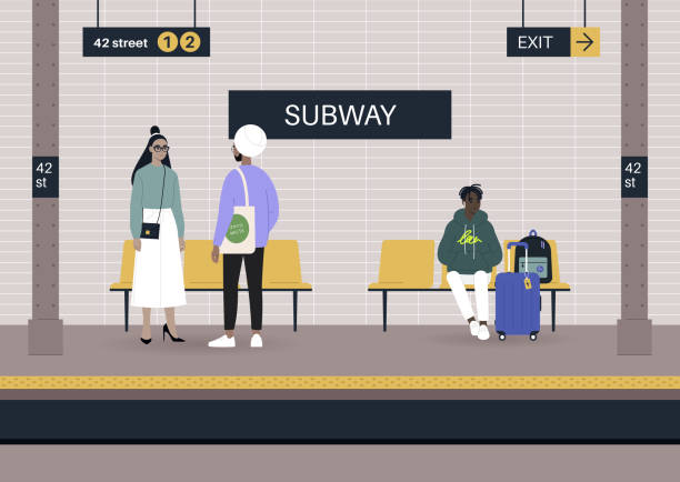 illustrazioni stock, clip art, cartoni animati e icone di tendenza di passeggeri in attesa su una banchina della stazione della metropolitana, pendolari giornalieri al lavoro - stazione della metropolitana