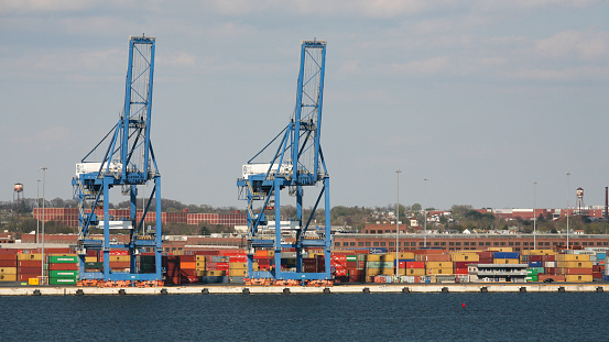Port of Baltimore in the spring with cranes on the docks