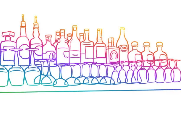 Vector illustration of Alcohol Bottles And Glasses Rainbow