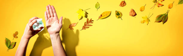 istock Applying sanitizer gel with autumn leaves 1299531386