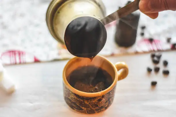 Hot black Turkish coffee serving for breakfast/ Delicious aromatic black-Turkish coffee/ Food poster