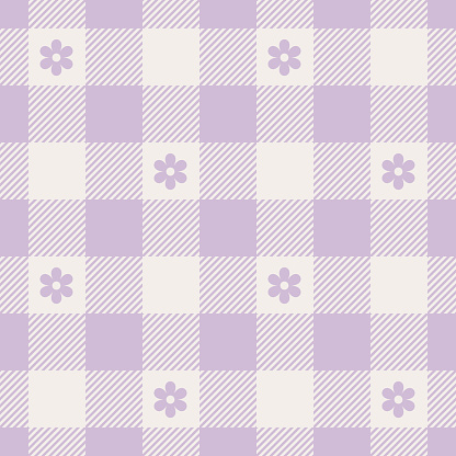 Floral plaid pattern. Gingham vichy check background with flowers in pastel purple and off white. Seamless vector for dress, skirt, tablecloth, other modern spring summer fashion textile print.