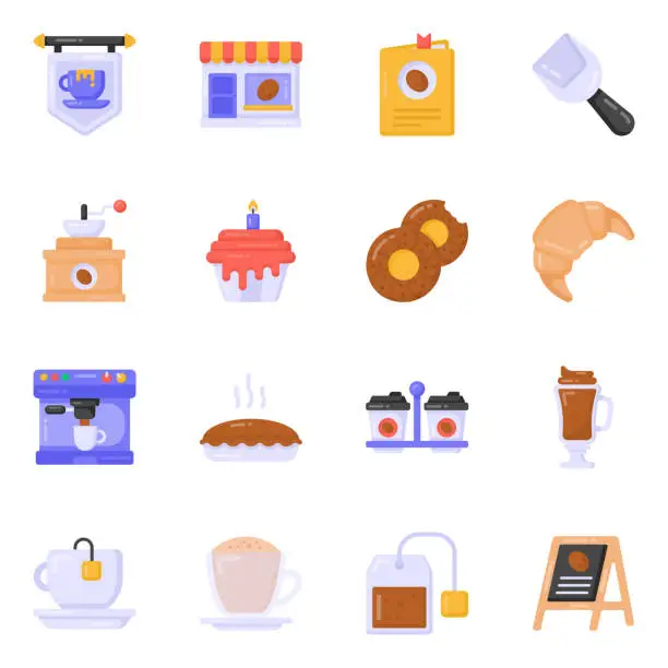 Vector illustration of Pack of Food and Coffee Flat Icons