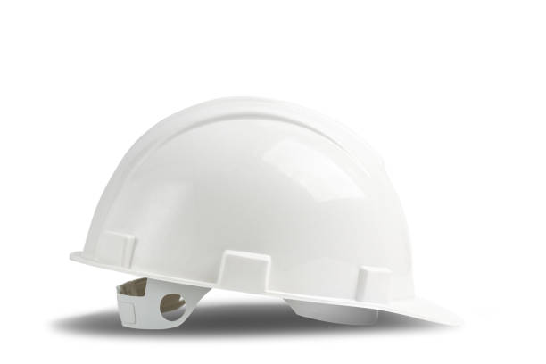 casco di sicurezza in plastica bianca isolato su sfondo bianco con ombra - white hardhat foto e immagini stock