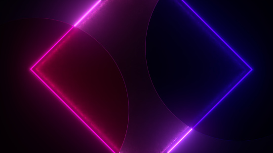 3d rendering of abstract empty glass frame, ultraviolet neon lights, cosmic landscape, glowing lines on black background. purple, pink and blue colors.