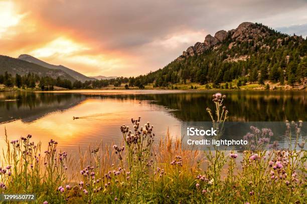 リリー湖燃えるような夕日 - 自然のストックフォトや画像を多数ご用意 - 自然, 山, 自然の景観