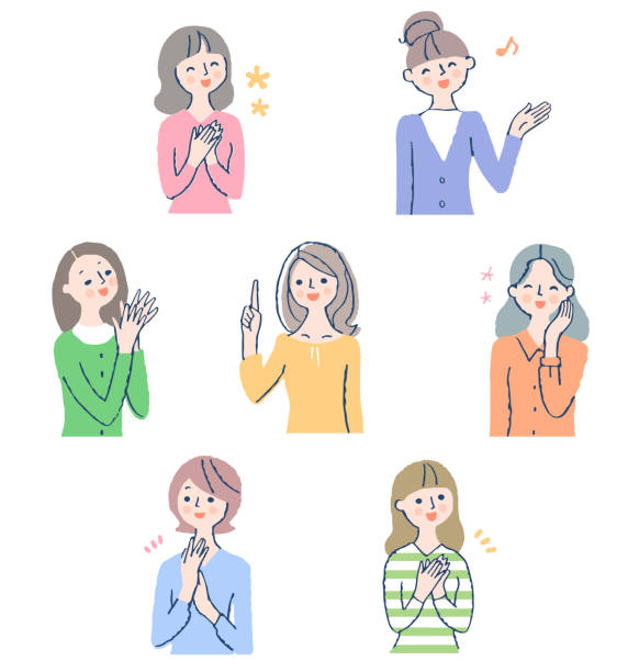 ilustrações de stock, clip art, desenhos animados e ícones de set of 7 smiling young women - white background laughing beautiful women