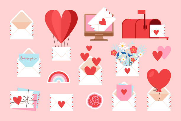 ilustraciones, imágenes clip art, dibujos animados e iconos de stock de iconos de correo electrónico y carta de amor del día de san valentín configurados para diseño web y gráfico - san valentin