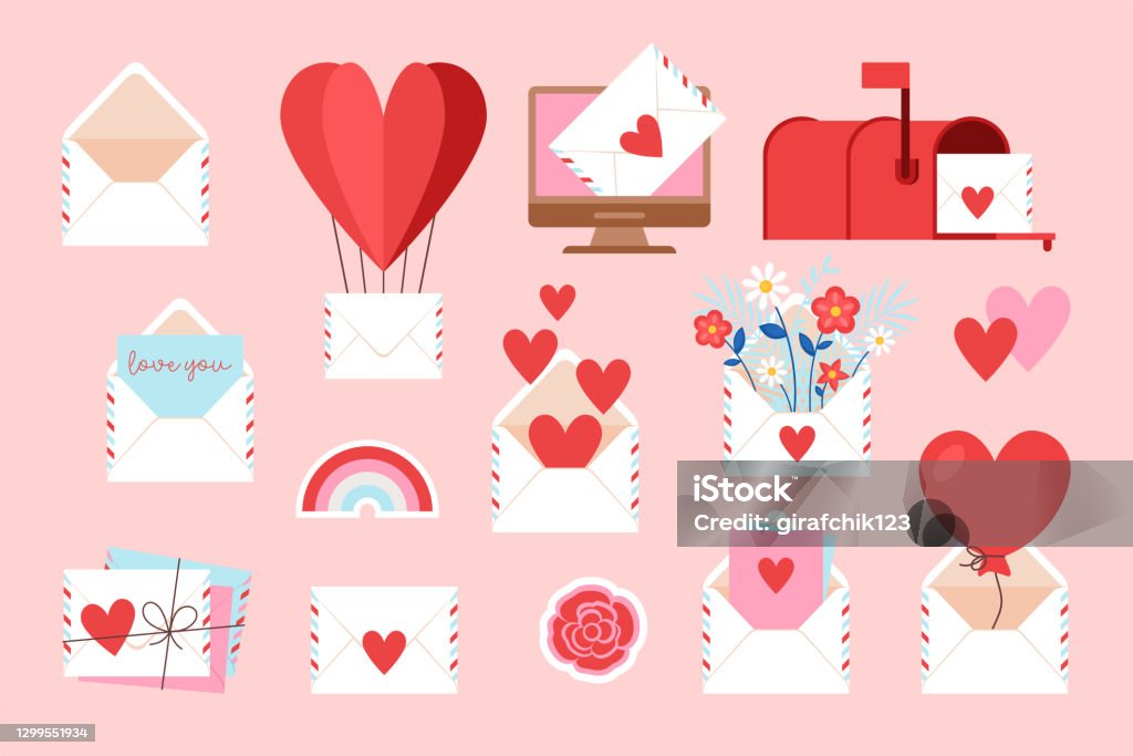 Walentynkowy list miłosny i ikony e-mail ustawiony na projektowanie stron internetowych i graficznych - Grafika wektorowa royalty-free (Walentynki)