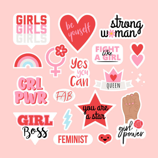 ilustraciones, imágenes clip art, dibujos animados e iconos de stock de set de pegatinas con eslóganes de poder femenino y citas feministas - armas de mujer ilustraciones