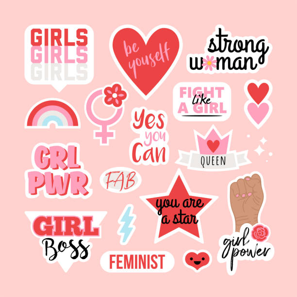 illustrations, cliparts, dessins animés et icônes de ensemble d’autocollant avec des slogans de puissance de fille et des citations féministes - sweet expression