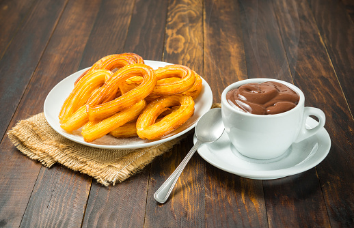 Typical Spanish food, churros with chocolate