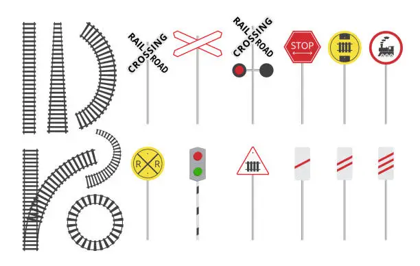 Vector illustration of Train railroad sign set - isolated rail tracks and warning road signs