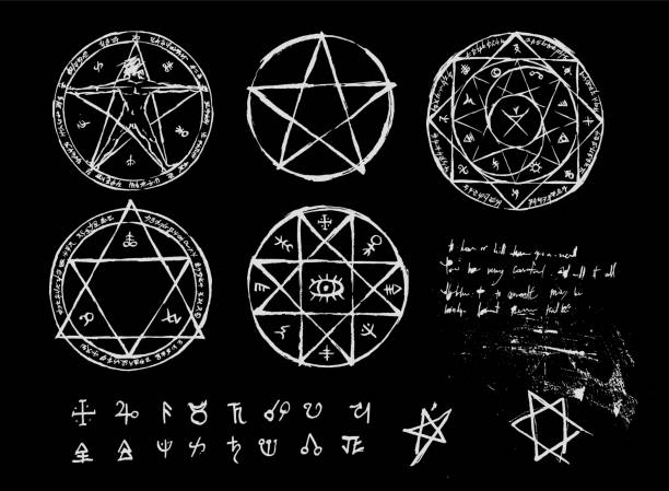 Hand drawn Witchcraft magic circle collection. pentagram and ritual circle. emblems and sigil occult symbols. Bloody style for horror game art. Halloween concept. occult symbols stock illustrations