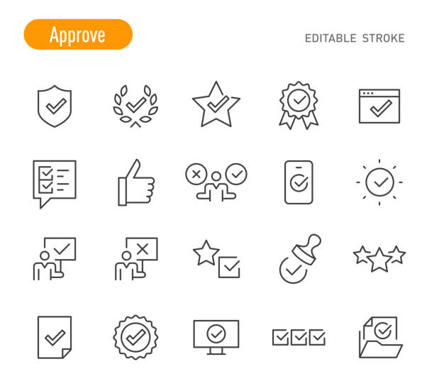 ilustraciones, imágenes clip art, dibujos animados e iconos de stock de aprobar conjunto de iconos - serie de líneas - serie de líneas - trazo editable - compliance
