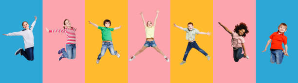 istock Collage With Joyful Kids Jumping Having Fun On Colorful Backgrounds 1299557275