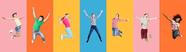 istock Collage With Excited Diverse Children Jump Over Different Bright Backgrounds 1299558399