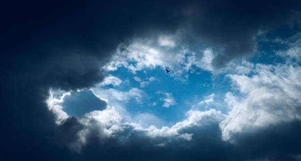 istock Dramatic cloud gathering, blue sky in the middle, a bird fly high up in the sky. 1299559081