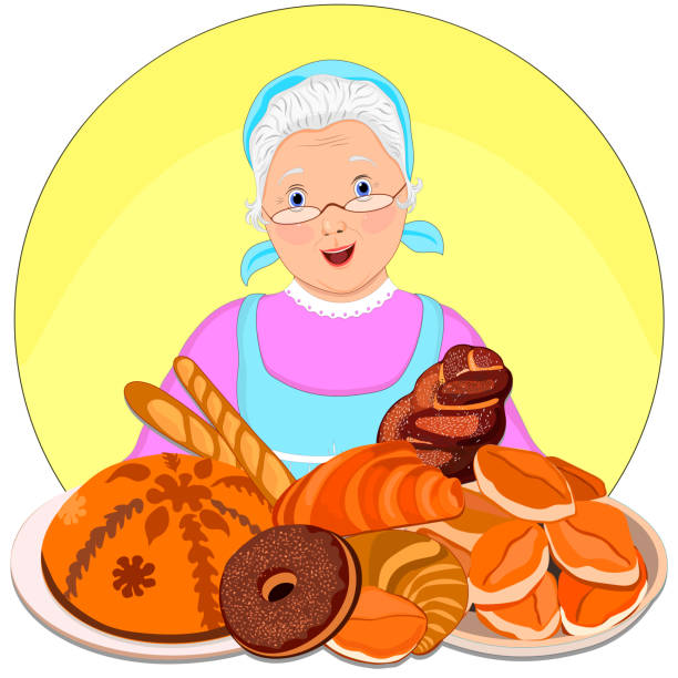 ilustrações, clipart, desenhos animados e ícones de um desenho plano de uma avó feliz com tortas. avó de óculos, avental. pães, tortas, pão, baguete. isolado. vetor - personal accessory apron bakery cake