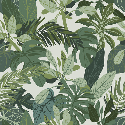 Seamless hand drawn tropical vector pattern with monstera and exotic palm leaves. Dusty green palette, fabric or surface design.