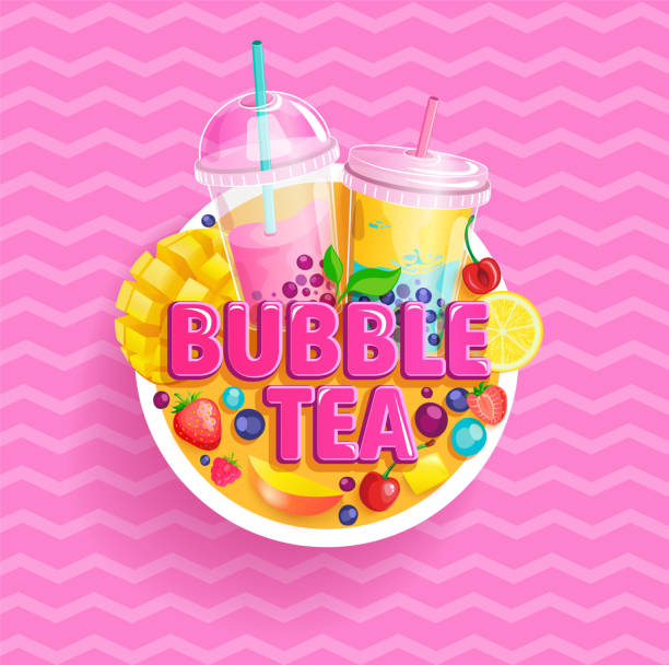 illustrations, cliparts, dessins animés et icônes de bannière de thé de bulle. bubbletea aux fruits, baies. - bursting the bubble