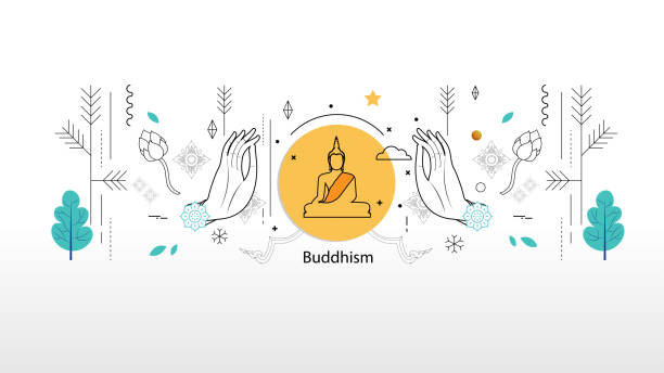 будда сидеть и руки плоский дизайн линии на белом фоне вектор с копией пространства - bangkok thailand thai culture monk stock illustrations