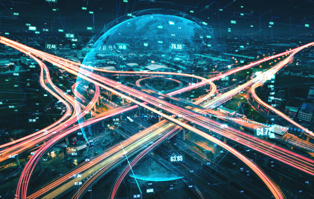 futuristica tecnologia di trasporto su strada con grafica di trasferimento dati digitale - transportation speed highway traffic foto e immagini stock