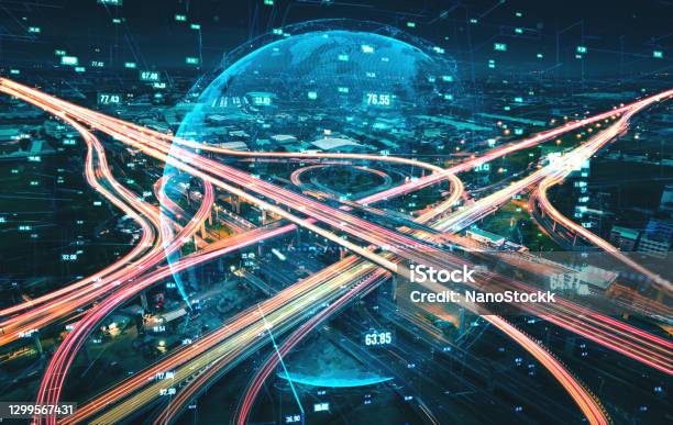Futuristic Road Transportation Technology With Digital Data Transfer Graphic Stock Photo - Download Image Now