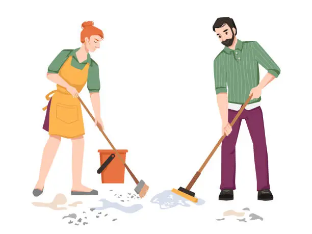 Vector illustration of Housework, couple sweeping, cleaning in room, woman sweeps and man mops the floor isolated. Vector husband and wife doing housework household chores together, cleaning room in apartment