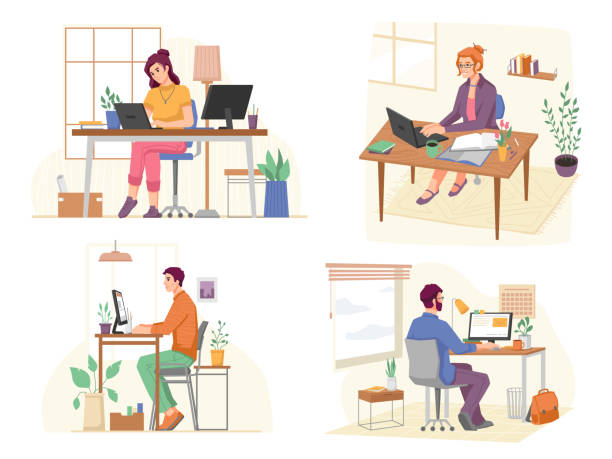 freelancers ev ofis çalışmak için dizüstü bilgisayar ve bilgisayar kullanarak. ekranlara bakan ve veri yazarak yalıtılmış insan kümesi. farklı işyerlerinin açıları. çizgi film karakteri, düz tarzda vektör - home office stock illustrations
