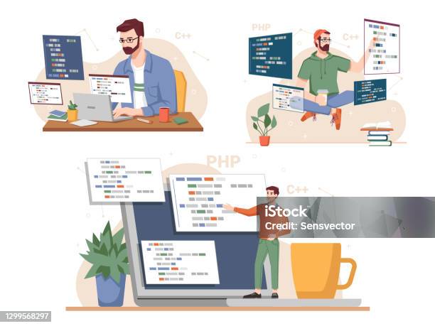 Programming Set Man Working On Computer Coding Information Using Java ...
